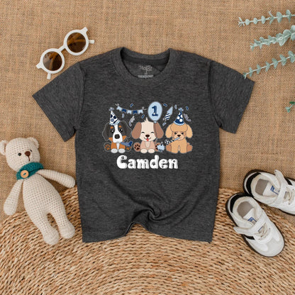 Let's Pawty Puppy Birthday Romper Pastel Cartoon Puppies Personalized Camden Name 1st Birthday Outfit Baby Boy Girl Gift