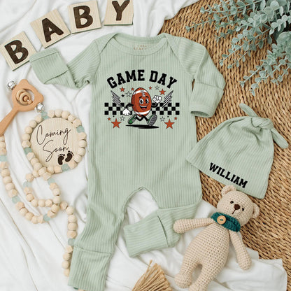 Game Day Football Baby Bodysuit - My First Season Outfit, Retro Cartoon Design with Lightning Bolts & Checkers, Personalized Newborn Clothes Gift, 138 Chars