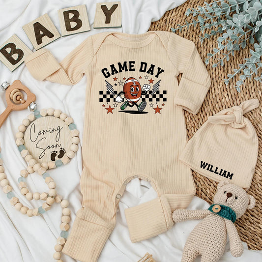 Game Day Football Baby Bodysuit - My First Season Outfit, Retro Cartoon Design with Lightning Bolts & Checkers, Personalized Newborn Clothes Gift, 138 Chars