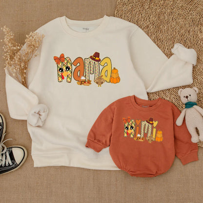 Adorable Mama and Mini Fall Sweatshirts with Playful Pumpkin Turkey Designs Warm Orange Red Colors Perfect for Thanksgiving Family Outings