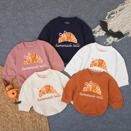 Cozy Fall Croissant Bodysuit Oversized Baby Girl Romper with Bow Thanksgiving Holiday Outfit