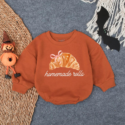 Cozy Fall Croissant Bodysuit Oversized Baby Girl Romper with Bow Thanksgiving Holiday Outfit