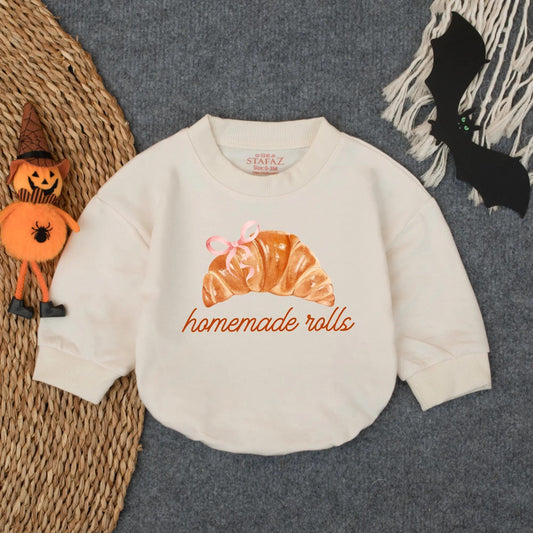 Cozy Fall Croissant Bodysuit Oversized Baby Girl Romper with Bow Thanksgiving Holiday Outfit