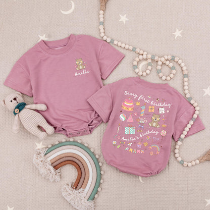 Personalized Beary First Birthday Baby Romper, Cute Bear Design for Baby Girl or Boy, Custom 1st Birthday Outfit, Pastel Colors
