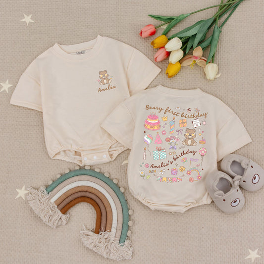 Personalized Beary First Birthday Baby Romper, Cute Bear Design for Baby Girl or Boy, Custom 1st Birthday Outfit, Pastel Colors