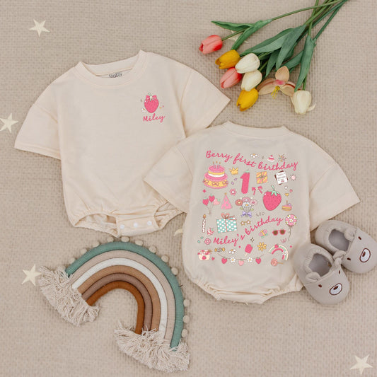 Custom Name Berry First Birthday Baby Girl Romper Strawberry Fruit Theme Cute 1st Celebration Outfit Soft Cotton Summer Bodysuit Gift