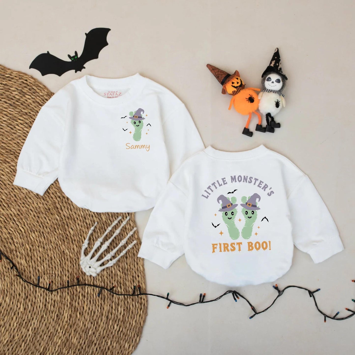 Little Monster's First Boo! Personalized Halloween Romper, Sammy's Custom Name Outfit, Witch Hat Footprints Infant Bodysuit, Cute Spooky Baby Gift 137