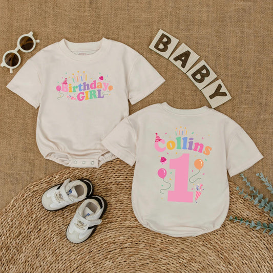 First Birthday Girl Romper Custom Name & Balloon Design, Baby Girl 1st Birthday Outfit, Bubble Romper, Cake Smash Photo Prop