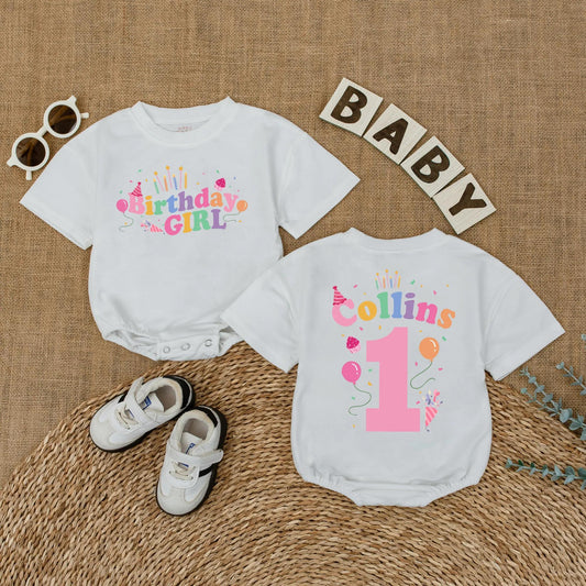 First Birthday Girl Romper Custom Name & Balloon Design, Baby Girl 1st Birthday Outfit, Bubble Romper, Cake Smash Photo Prop