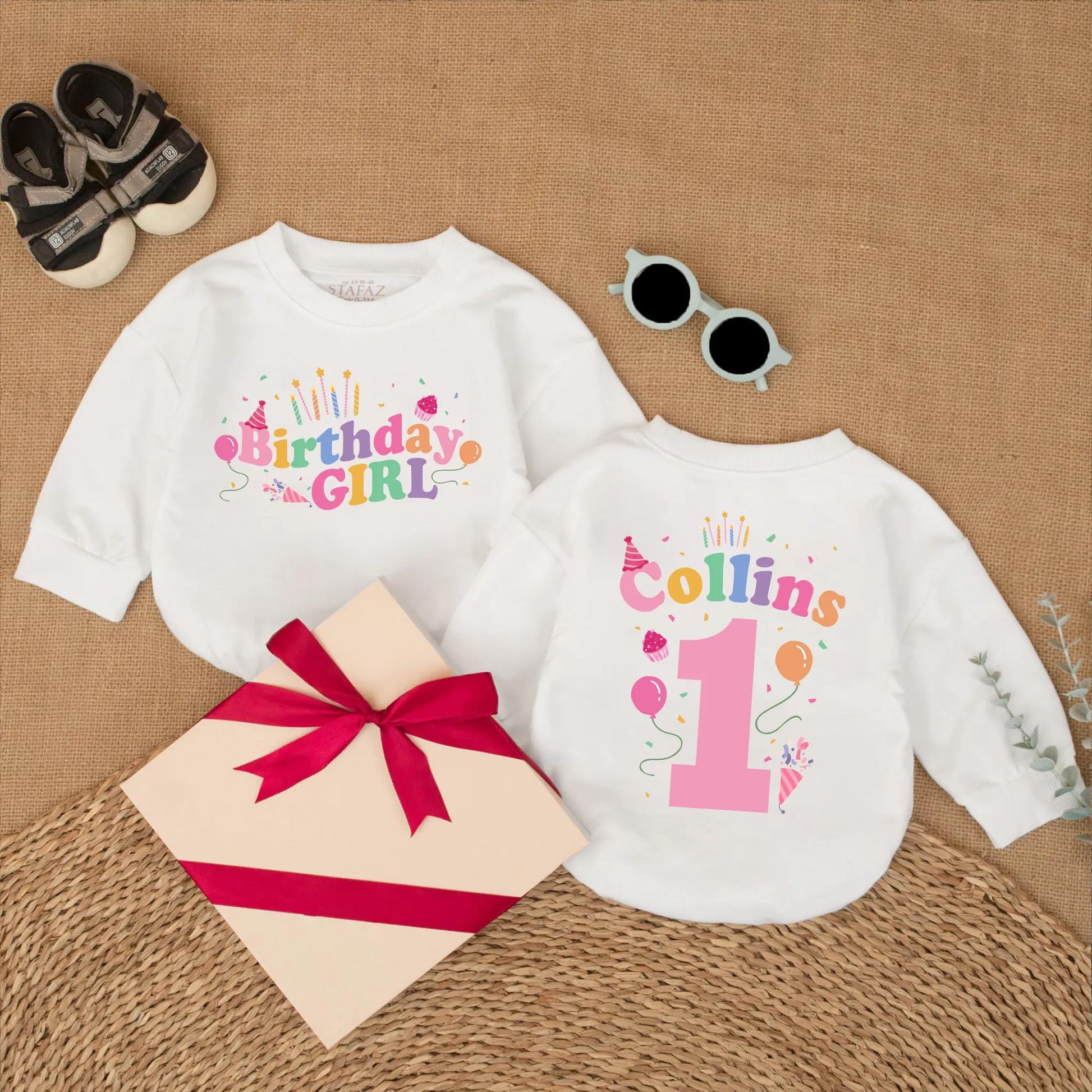 First Birthday Girl Romper Custom Name & Balloon Design, Baby Girl 1st Birthday Outfit, Bubble Romper, Cake Smash Photo Prop
