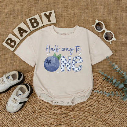 Personalized Blueberry Baby Girl Romper Half Birthday Outfit 6 Months Old Short Sleeve Bubble Bodysuit Half Year Celebration Unique Gift