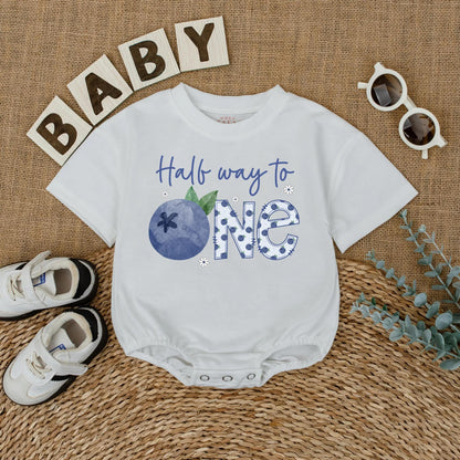 Personalized Blueberry Baby Girl Romper Half Birthday Outfit 6 Months Old Short Sleeve Bubble Bodysuit Half Year Celebration Unique Gift