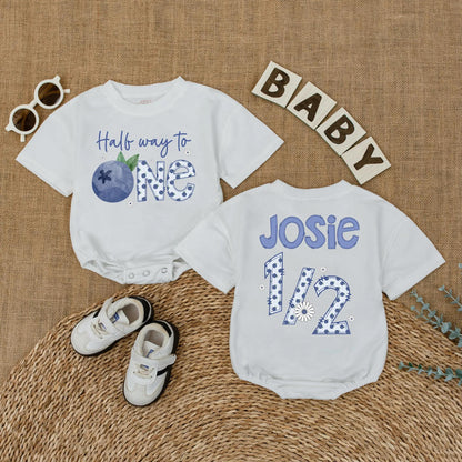 Personalized Blueberry Baby Girl Romper Half Birthday Outfit 6 Months Old Short Sleeve Bubble Bodysuit Half Year Celebration Unique Gift