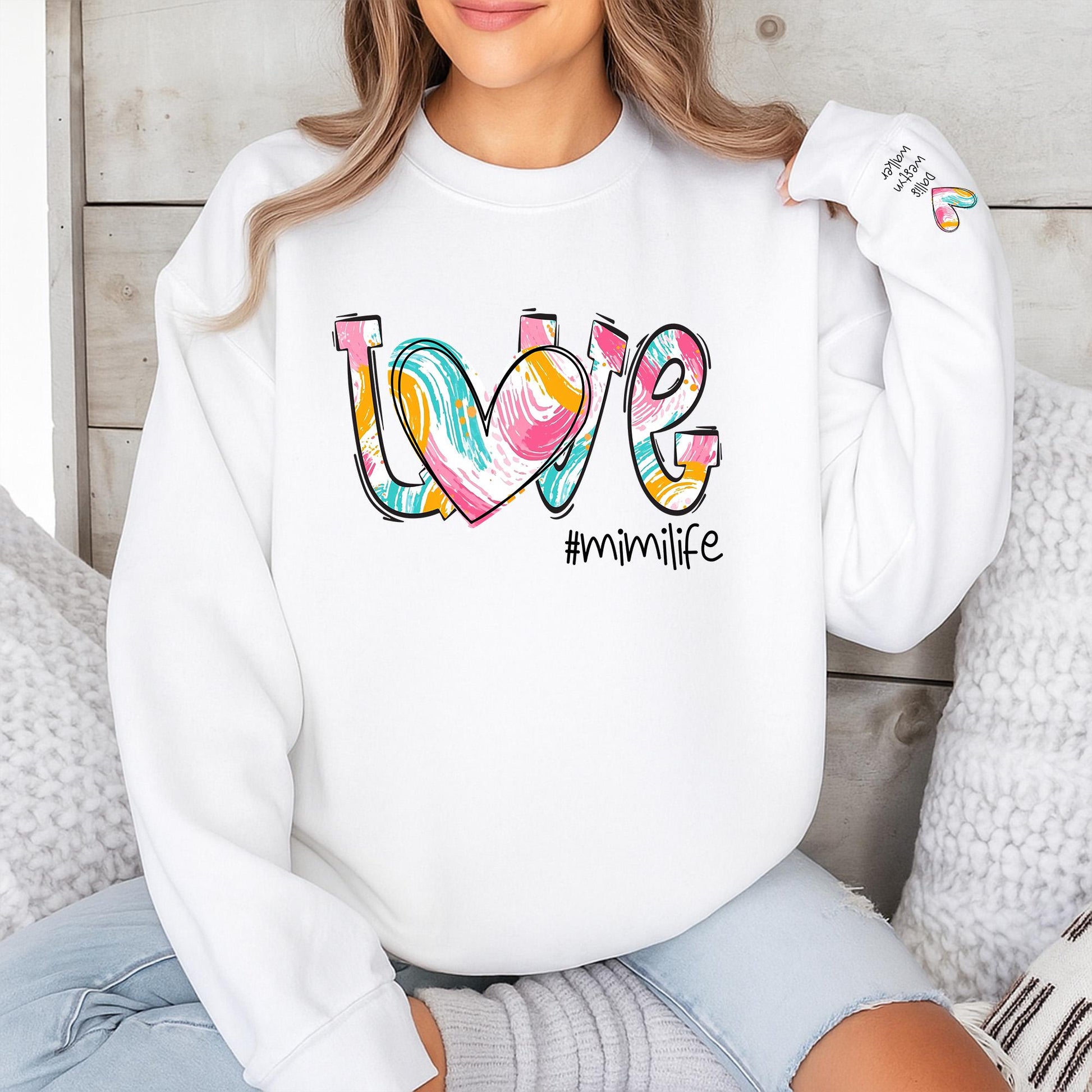 Personalized Mimi Sweatshirt with Grandkids Names on Sleeve, a cozy Mimilife Autumn Sweater Gift for Grandmas and Nanas