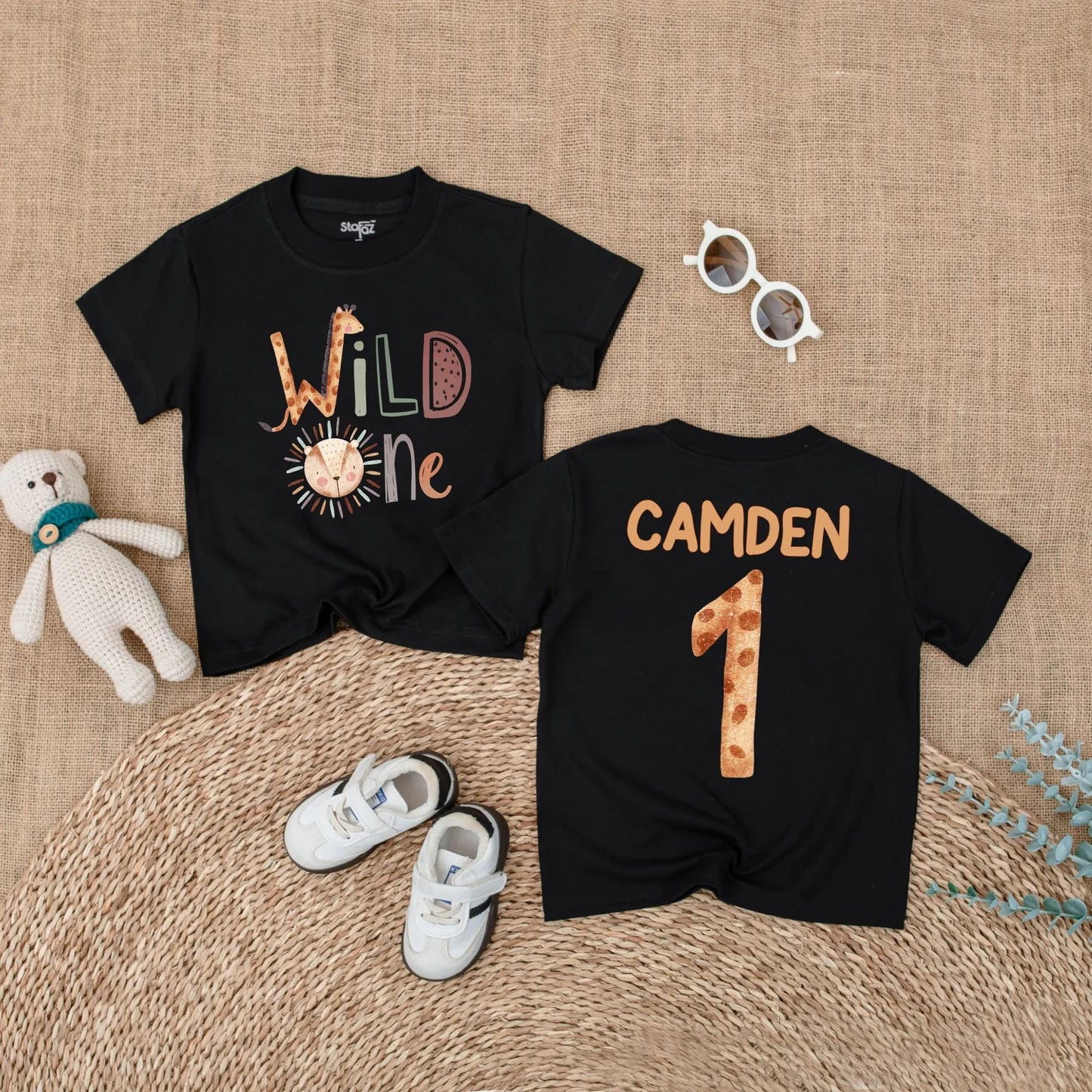 Personalized Wild One Safari Baby Romper, Jungle Animals 1st Birthday Outfit, Custom Name Bodysuit for Boy or Girl, Zoo Party Gift (137 chars)