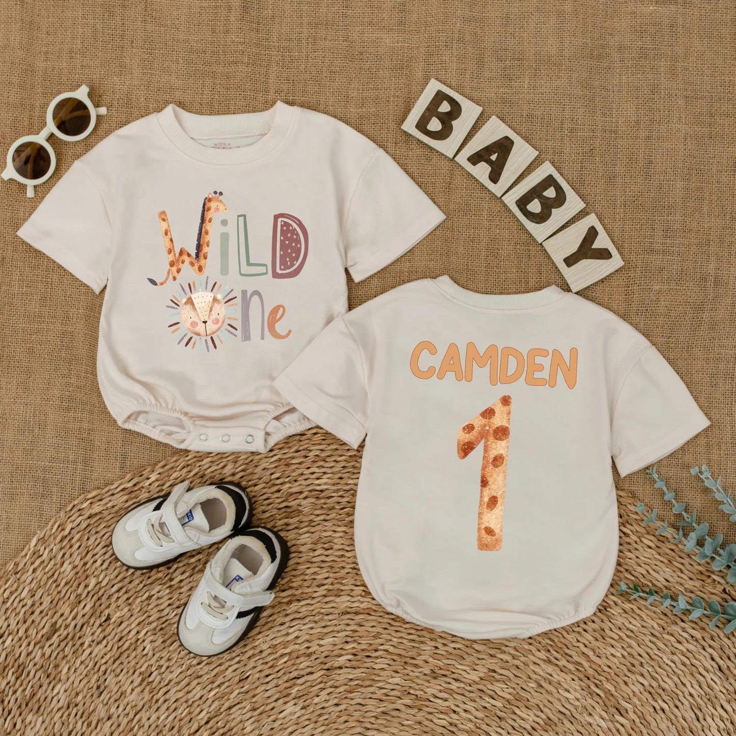 Personalized Wild One Safari Baby Romper, Jungle Animals 1st Birthday Outfit, Custom Name Bodysuit for Boy or Girl, Zoo Party Gift (137 chars)
