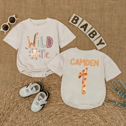 Personalized Wild One Safari Baby Romper, Jungle Animals 1st Birthday Outfit, Custom Name Bodysuit for Boy or Girl, Zoo Party Gift (137 chars)