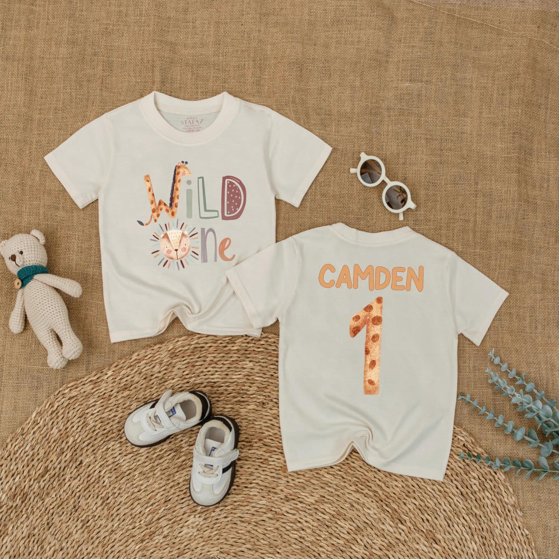 Personalized Wild One Safari Baby Romper, Jungle Animals 1st Birthday Outfit, Custom Name Bodysuit for Boy or Girl, Zoo Party Gift (137 chars)