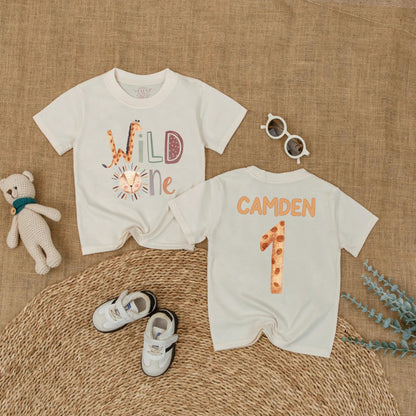 Personalized Wild One Safari Baby Romper, Jungle Animals 1st Birthday Outfit, Custom Name Bodysuit for Boy or Girl, Zoo Party Gift (137 chars)