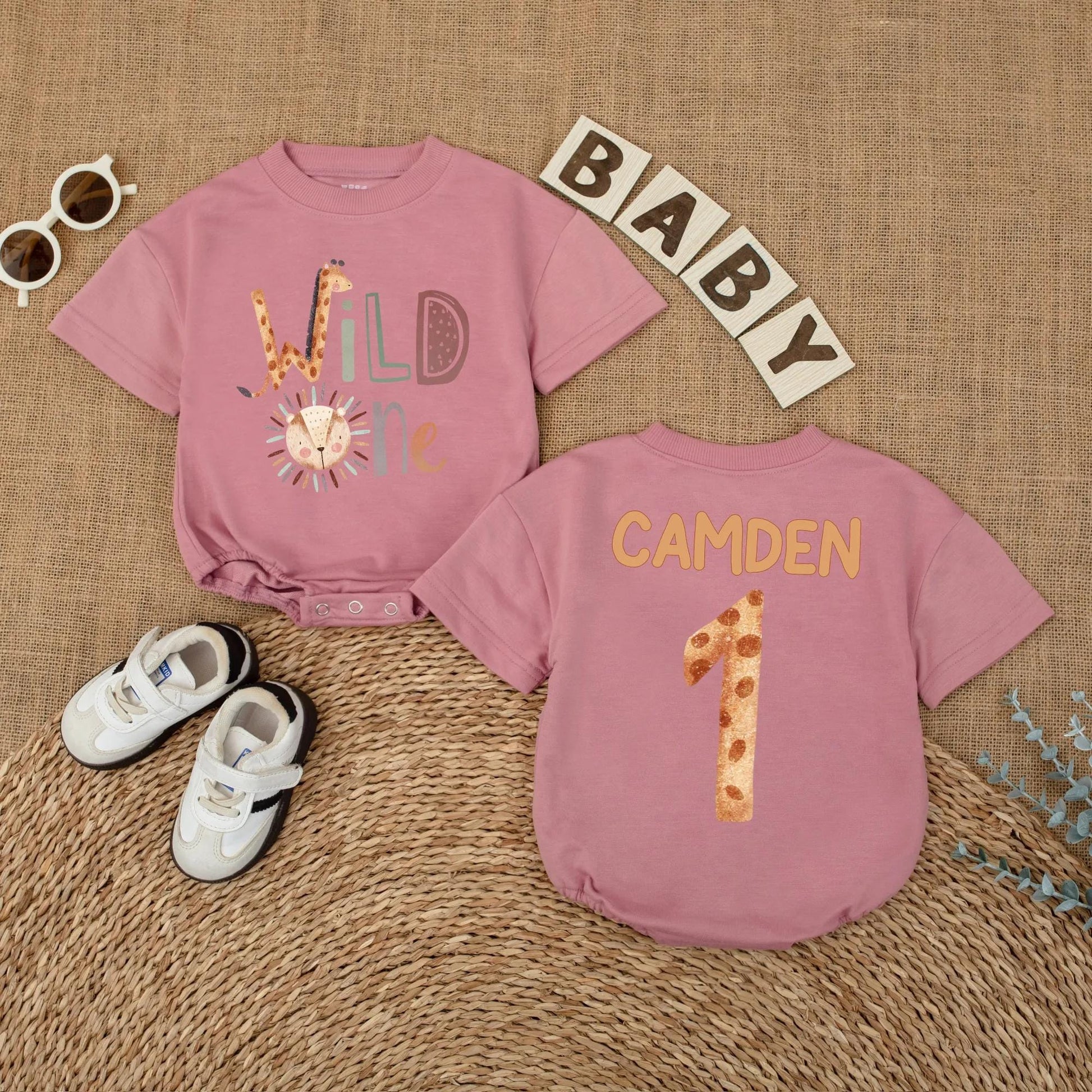 Personalized Wild One Safari Baby Romper, Jungle Animals 1st Birthday Outfit, Custom Name Bodysuit for Boy or Girl, Zoo Party Gift (137 chars)