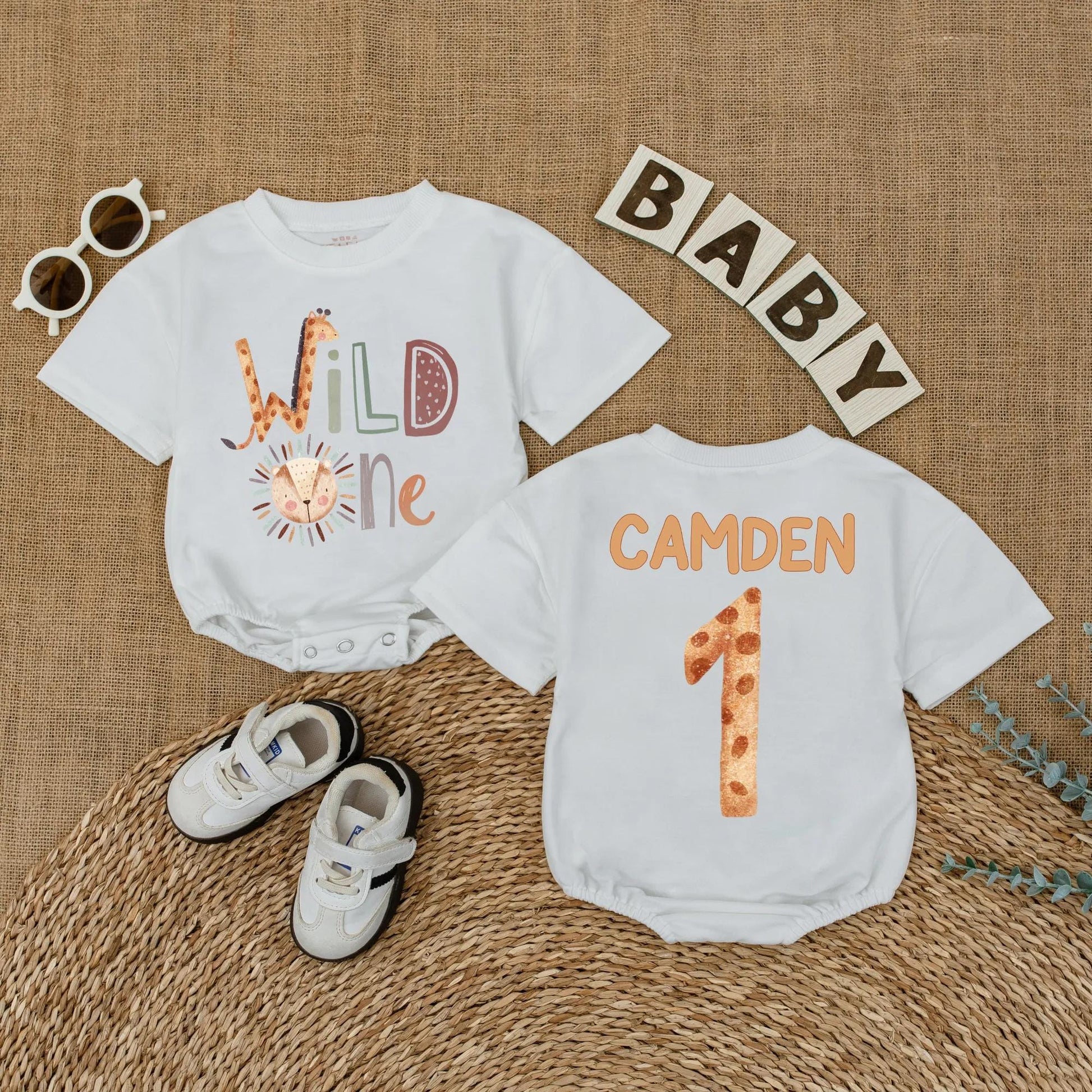 Personalized Wild One Safari Baby Romper, Jungle Animals 1st Birthday Outfit, Custom Name Bodysuit for Boy or Girl, Zoo Party Gift (137 chars)