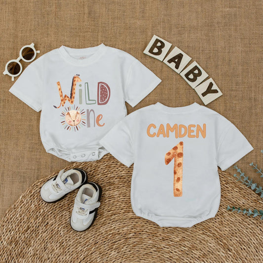 Personalized Wild One Safari Baby Romper, Jungle Animals 1st Birthday Outfit, Custom Name Bodysuit for Boy or Girl, Zoo Party Gift (137 chars)
