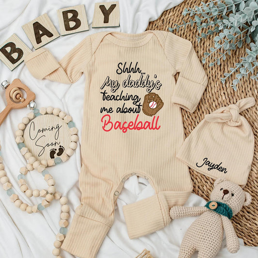 Shhh...My Daddy's Teaching Me Baseball Bodysuit Funny Baby Outfit Custom Newborn Romper Baseball with Daddy Sports Baby Boy Gift