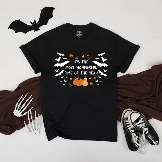 It’s The Most Wonderful Time of The Year Halloween Bat Pumpkin Fall Autumn Leaves Festive Spooky Season Graphic Tee Unisex
