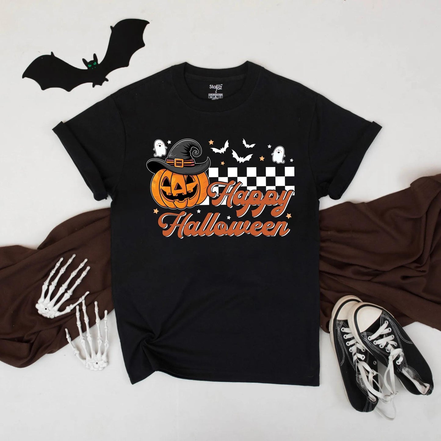 Cute Halloween Pumpkin Witch Hat Shirt Happy Halloween Tee Spooky Season Fall Outfit Graphic T-Shirt