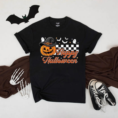 Cute Halloween Pumpkin Witch Hat Shirt Happy Halloween Tee Spooky Season Fall Outfit Graphic T-Shirt
