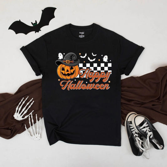 Cute Halloween Pumpkin Witch Hat Shirt Happy Halloween Tee Spooky Season Fall Outfit Graphic T-Shirt