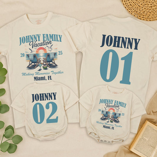 Personalized Johnny Family Vacation 2025 Beach Trip Shirts Making Memories Together Miami FL Retro Sunset Matching Family Tees
