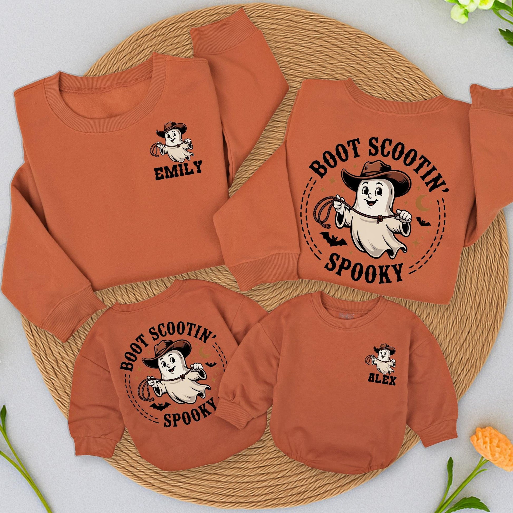 Personalized Boot Scootin Spooky Ghost Romper Cowboy Cowgirl Halloween Family Mommy Me Baby Shower Gift Beige Brown