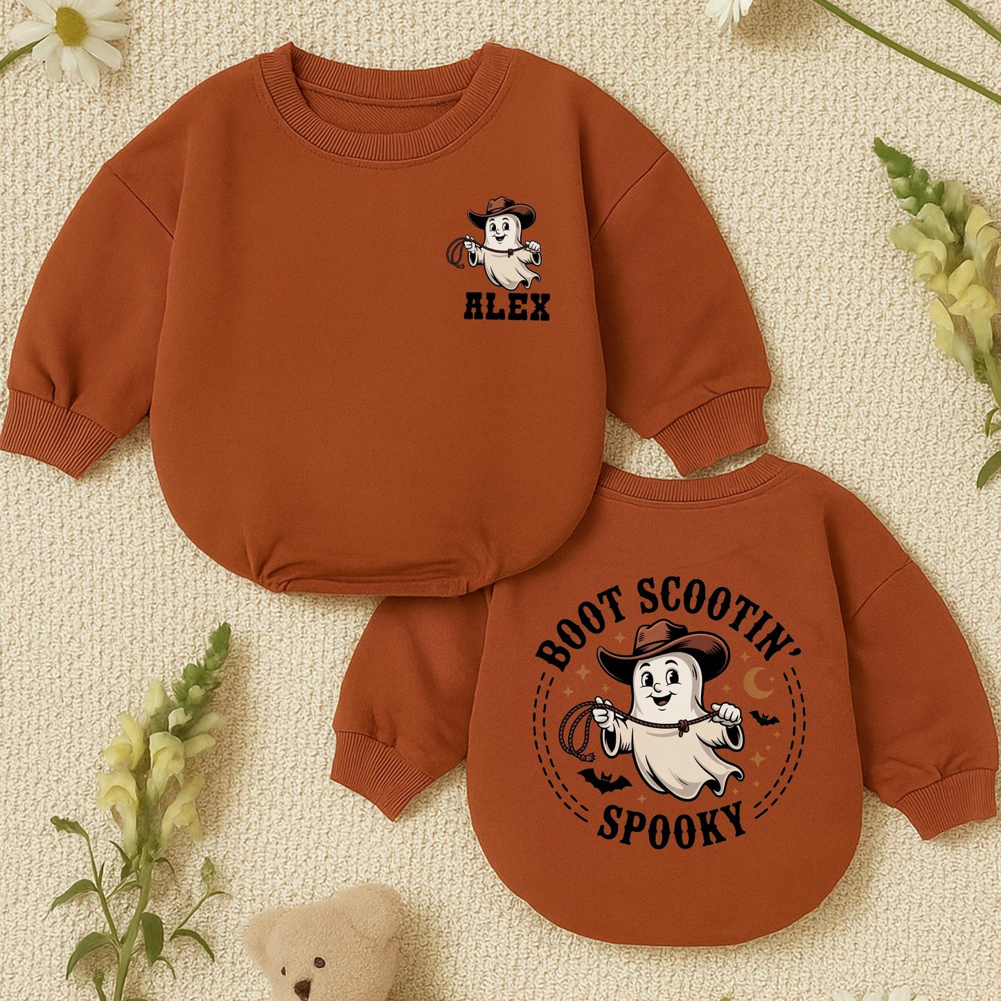 Personalized Boot Scootin Spooky Ghost Romper Cowboy Cowgirl Halloween Family Mommy Me Baby Shower Gift Beige Brown