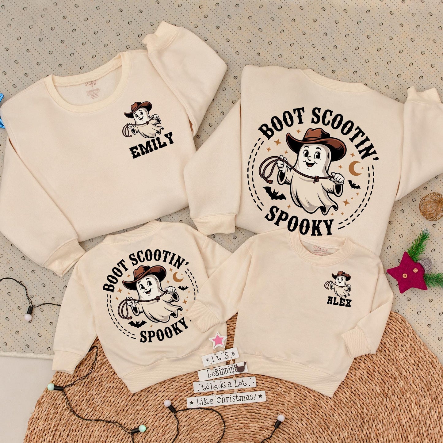 Personalized Boot Scootin Spooky Ghost Romper Cowboy Cowgirl Halloween Family Mommy Me Baby Shower Gift Beige Brown