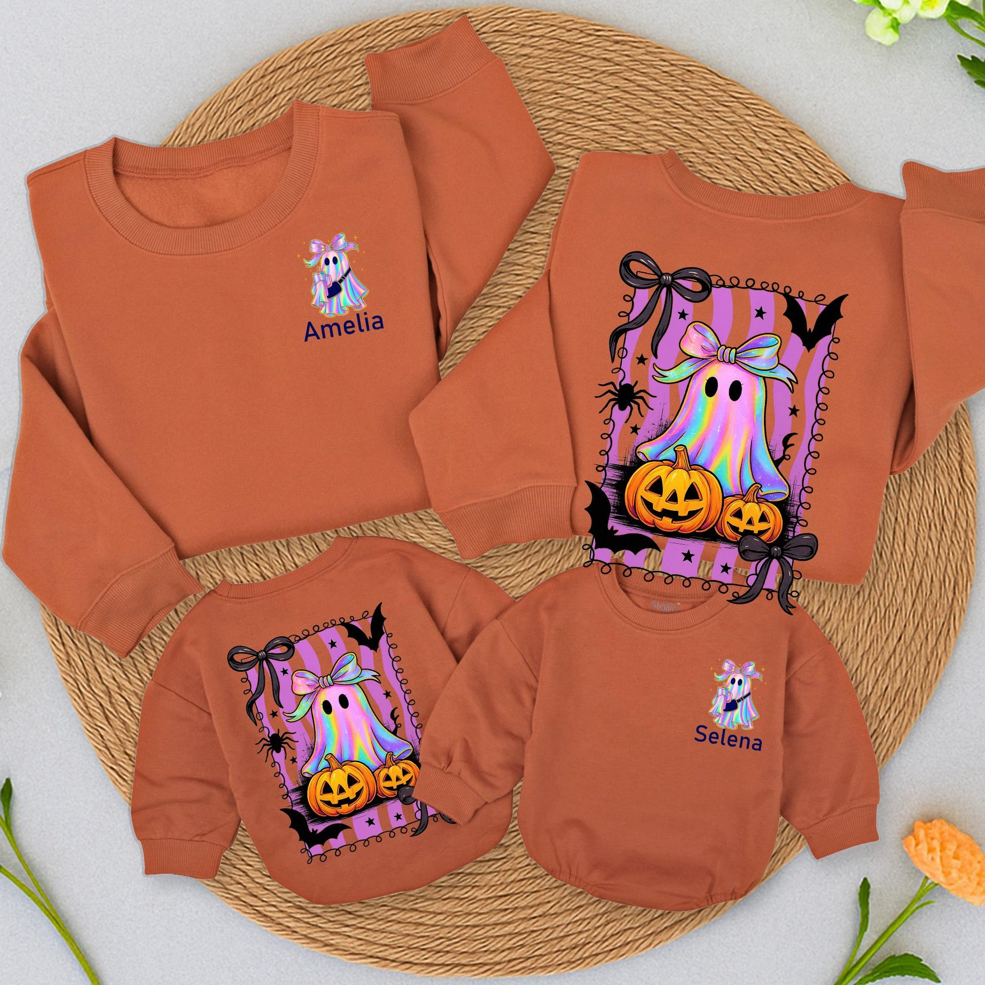 Personalized Shimmering Ghost Romper & Family Halloween Sweatshirt Set, Iridescent Baby Outfit, Mommy & Me, Cute Spooky Fall, Custom