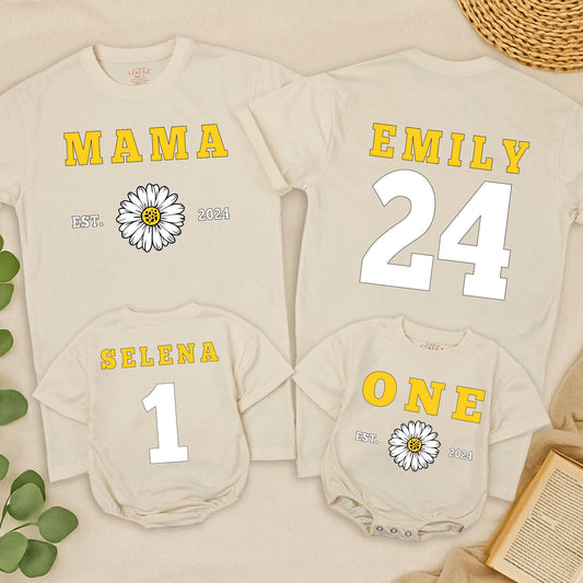Matching Mama and Me Daisy Shirts, Personalized Mom and Baby Outfit with Year, Modern Yellow Block Lettering Family Tees, Mother's Day Gift Set, Soft Cotton (139 chars)