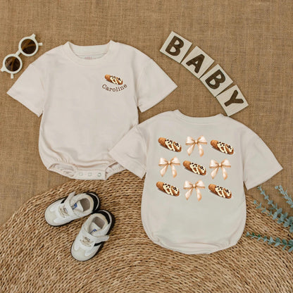 Little Cannoli Baby Romper Personalized with Name, Cute Italian Food Bodysuit, Whimsical Pastry Newborn Outfit, Shower Gift with Bows, 138