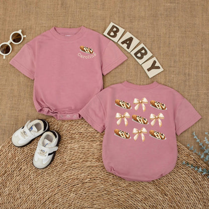 Little Cannoli Baby Romper Personalized with Name, Cute Italian Food Bodysuit, Whimsical Pastry Newborn Outfit, Shower Gift with Bows, 138