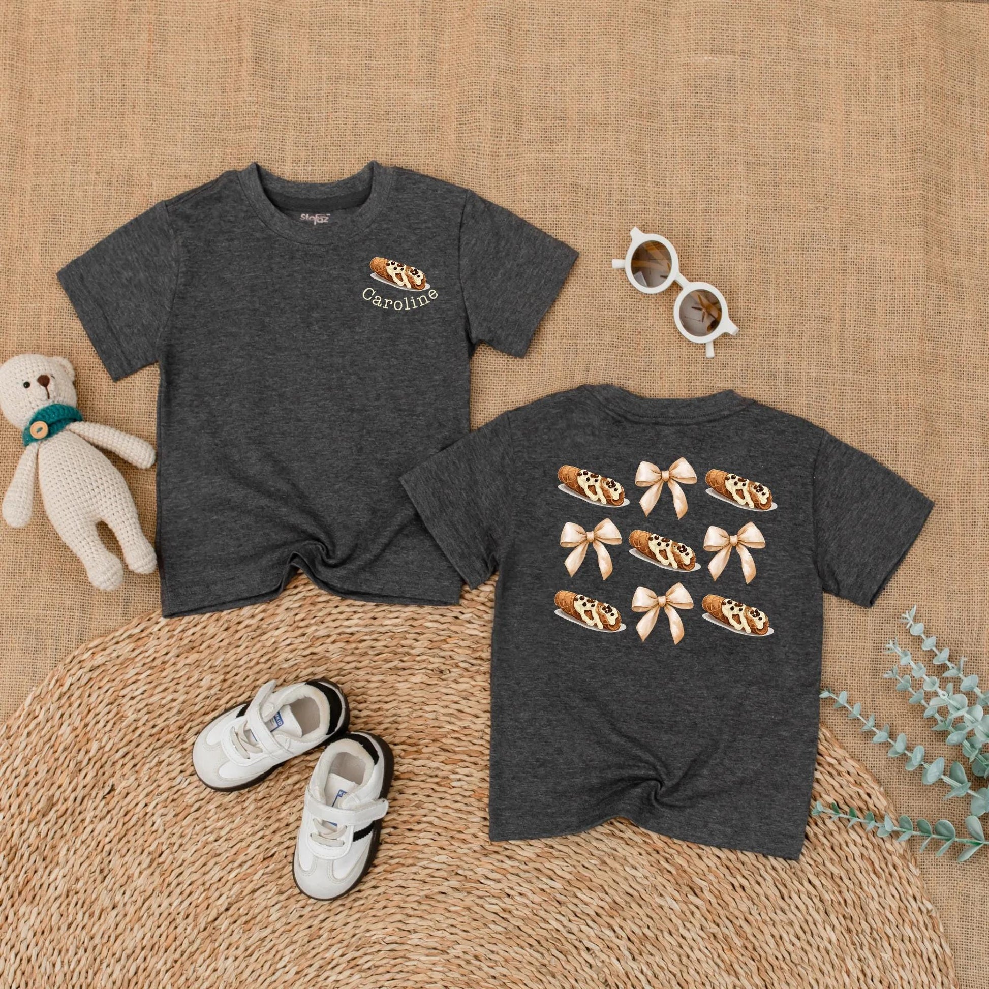 Little Cannoli Baby Romper Personalized with Name, Cute Italian Food Bodysuit, Whimsical Pastry Newborn Outfit, Shower Gift with Bows, 138