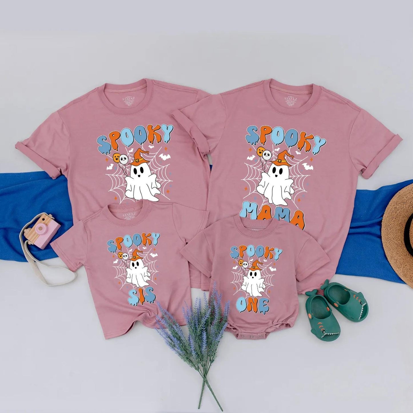 Spooky One Ghost 1st Birthday Matching Family Halloween Shirts Retro Orange & Blue Design for Mama, Bro - Playful First Birthday Party Outfit (139 chars)