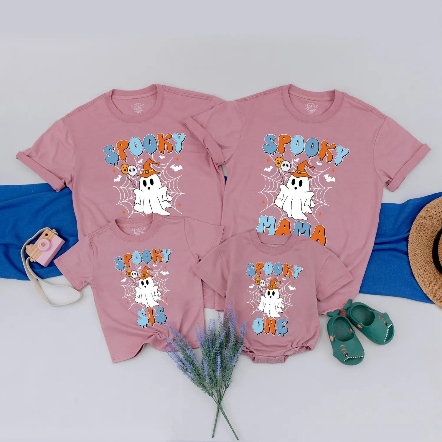 Spooky One Ghost 1st Birthday Matching Family Halloween Shirts Retro Orange & Blue Design for Mama, Bro - Playful First Birthday Party Outfit (139 chars)