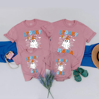 Spooky One Ghost 1st Birthday Matching Family Halloween Shirts Retro Orange & Blue Design for Mama, Bro - Playful First Birthday Party Outfit (139 chars)