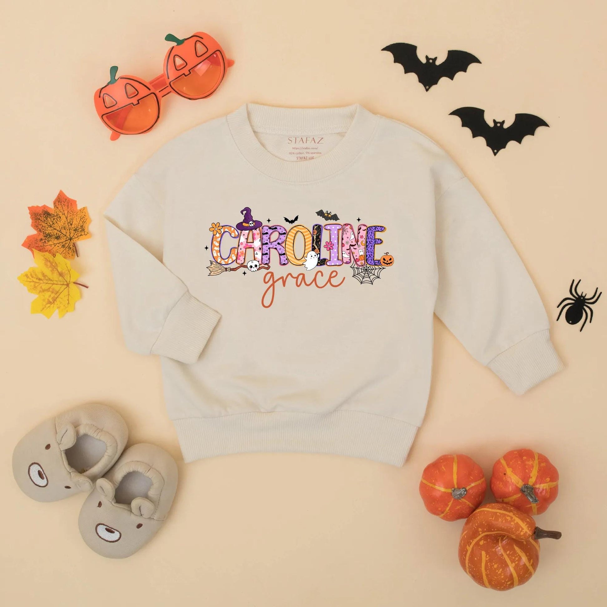 Personalized Halloween Baby Romper, "Caroline Grace" Spooky Name Design, Custom First Halloween Bodysuit, Whimsical Fall Outfit, Unique Baby Gift Idea (138 chars)