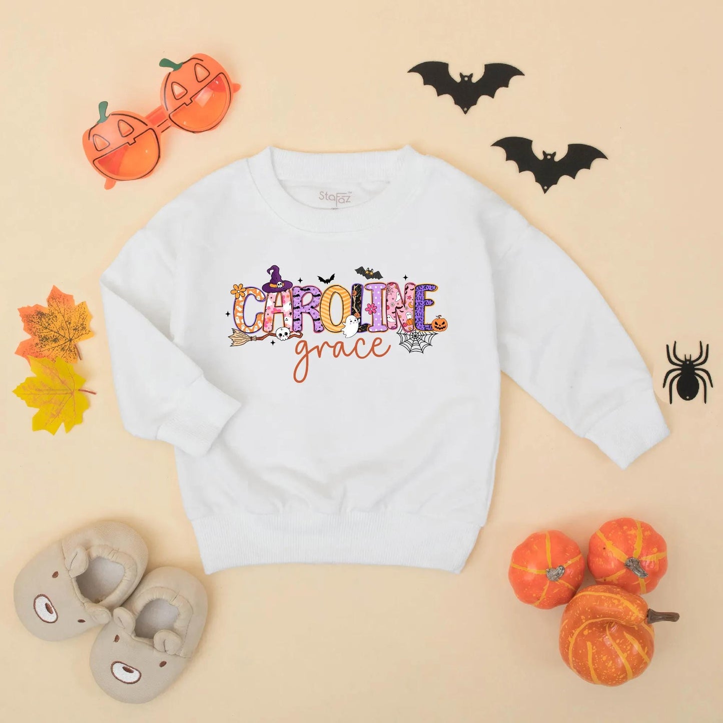 Personalized Halloween Baby Romper, "Caroline Grace" Spooky Name Design, Custom First Halloween Bodysuit, Whimsical Fall Outfit, Unique Baby Gift Idea (138 chars)