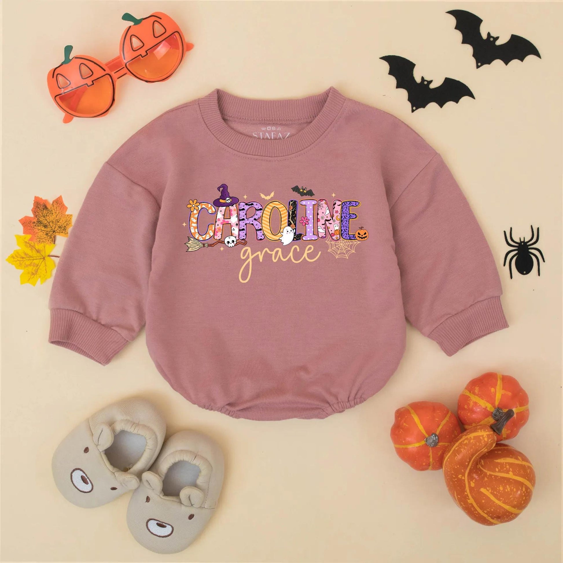 Personalized Halloween Baby Romper, "Caroline Grace" Spooky Name Design, Custom First Halloween Bodysuit, Whimsical Fall Outfit, Unique Baby Gift Idea (138 chars)