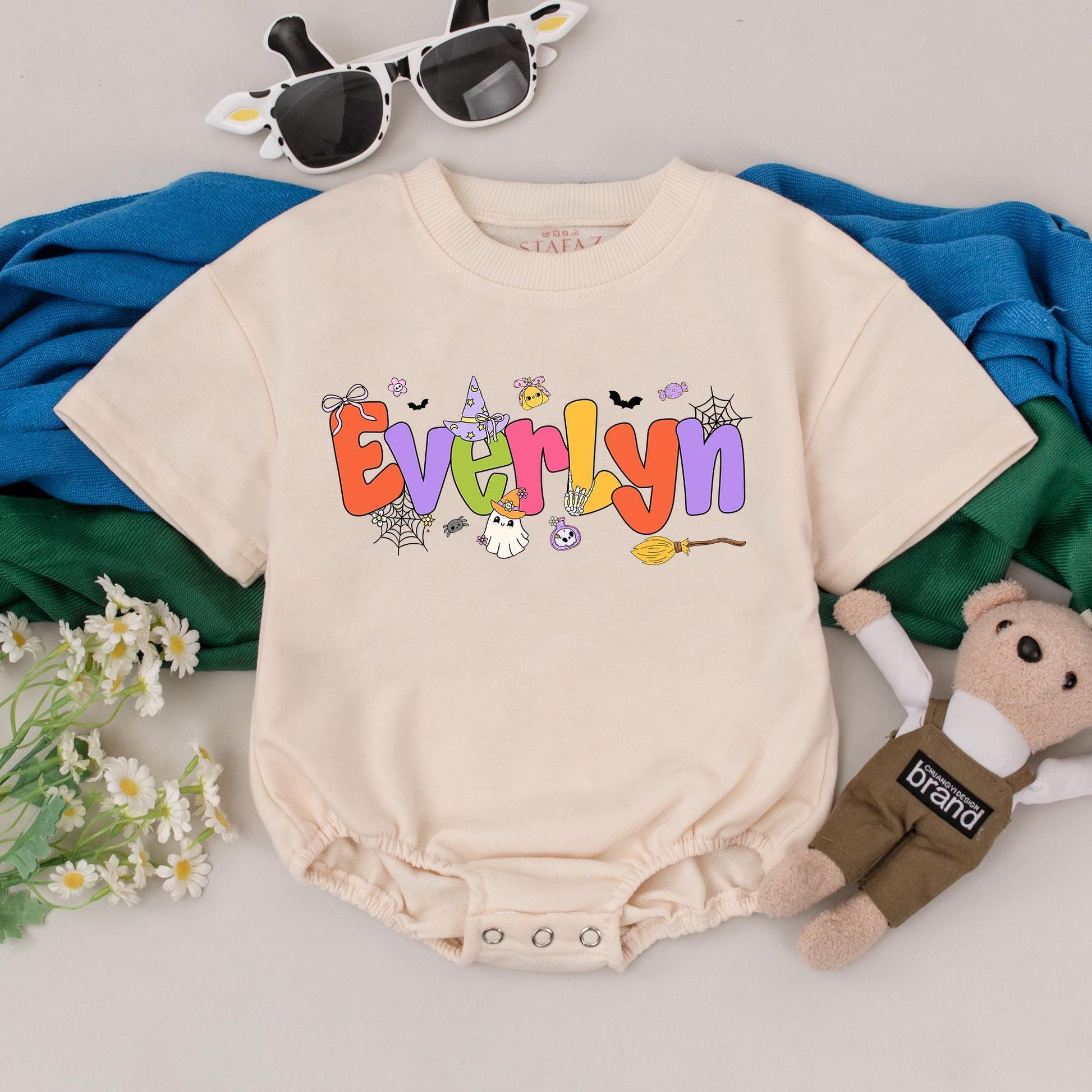 Evelyn's Halloween Baby Romper Cartoon Name Custom Spooky Season Baby Girl Outfit Pastel Ghosts Bats Witch Hat Toddler Infant Gift