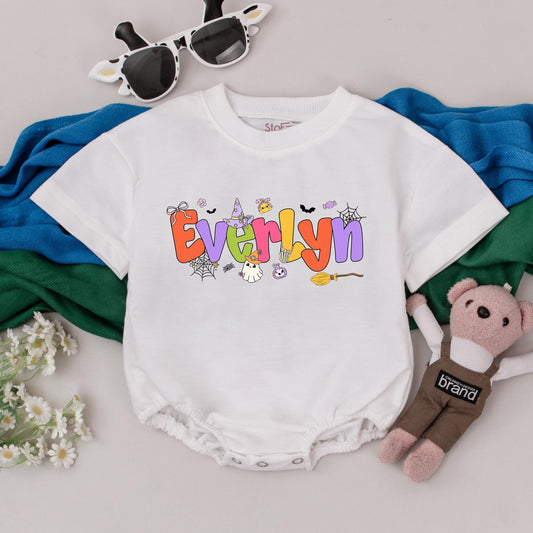 Evelyn's Halloween Baby Romper Cartoon Name Custom Spooky Season Baby Girl Outfit Pastel Ghosts Bats Witch Hat Toddler Infant Gift