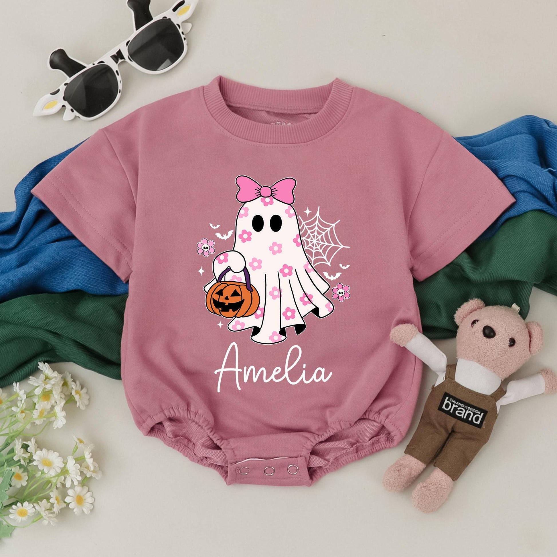 Personalized Baby Girl Halloween Romper Cute Ghost with Pink Bow & Flowers Jack-o-Lantern Spooky Season Name Outfit Newborn Shower Gift