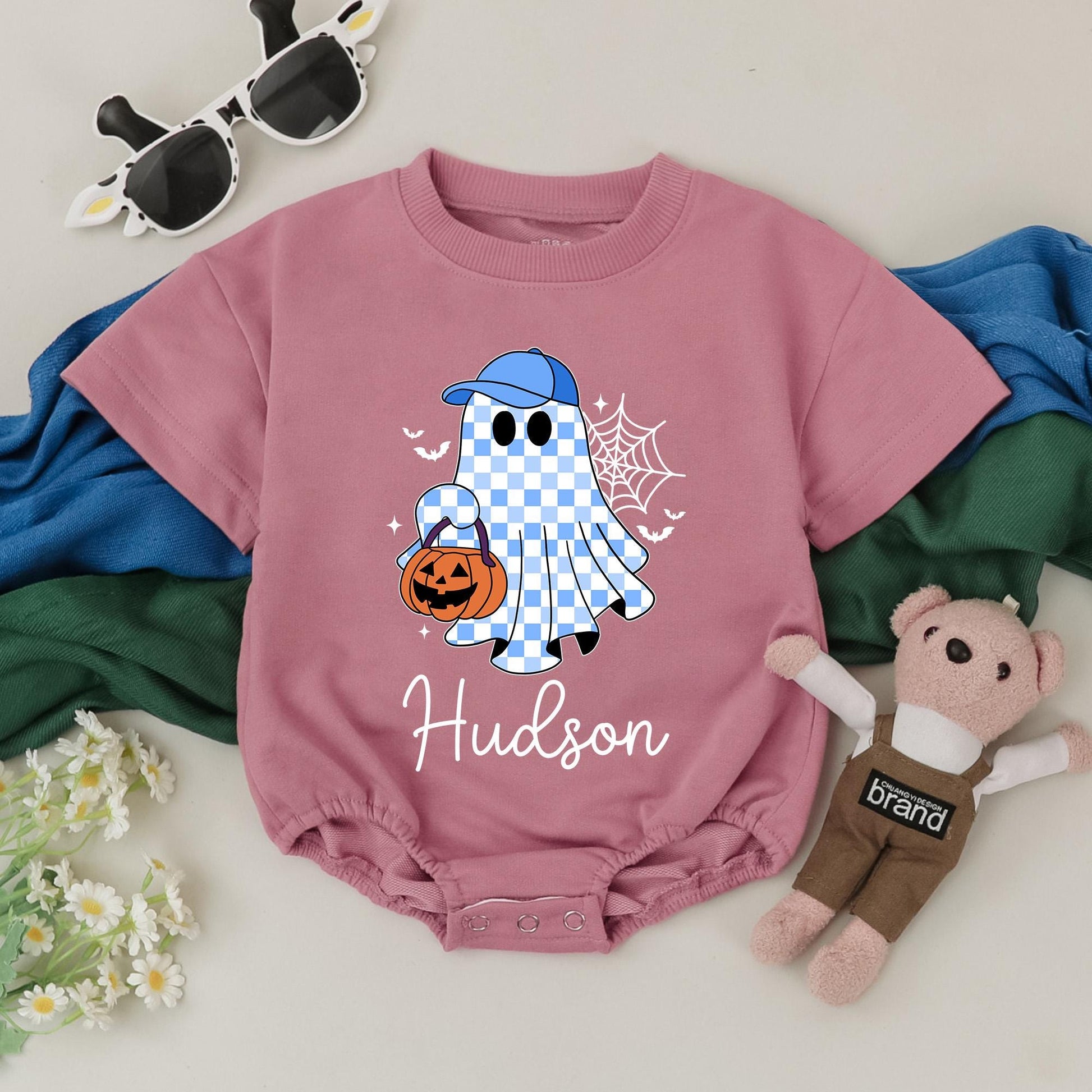 Personalized Hudson's Halloween Romper: Cute Ghost with Jack-o-Lantern Outfit, Spooky Season Baby Boy Clothes, Custom Name First Halloween Gift